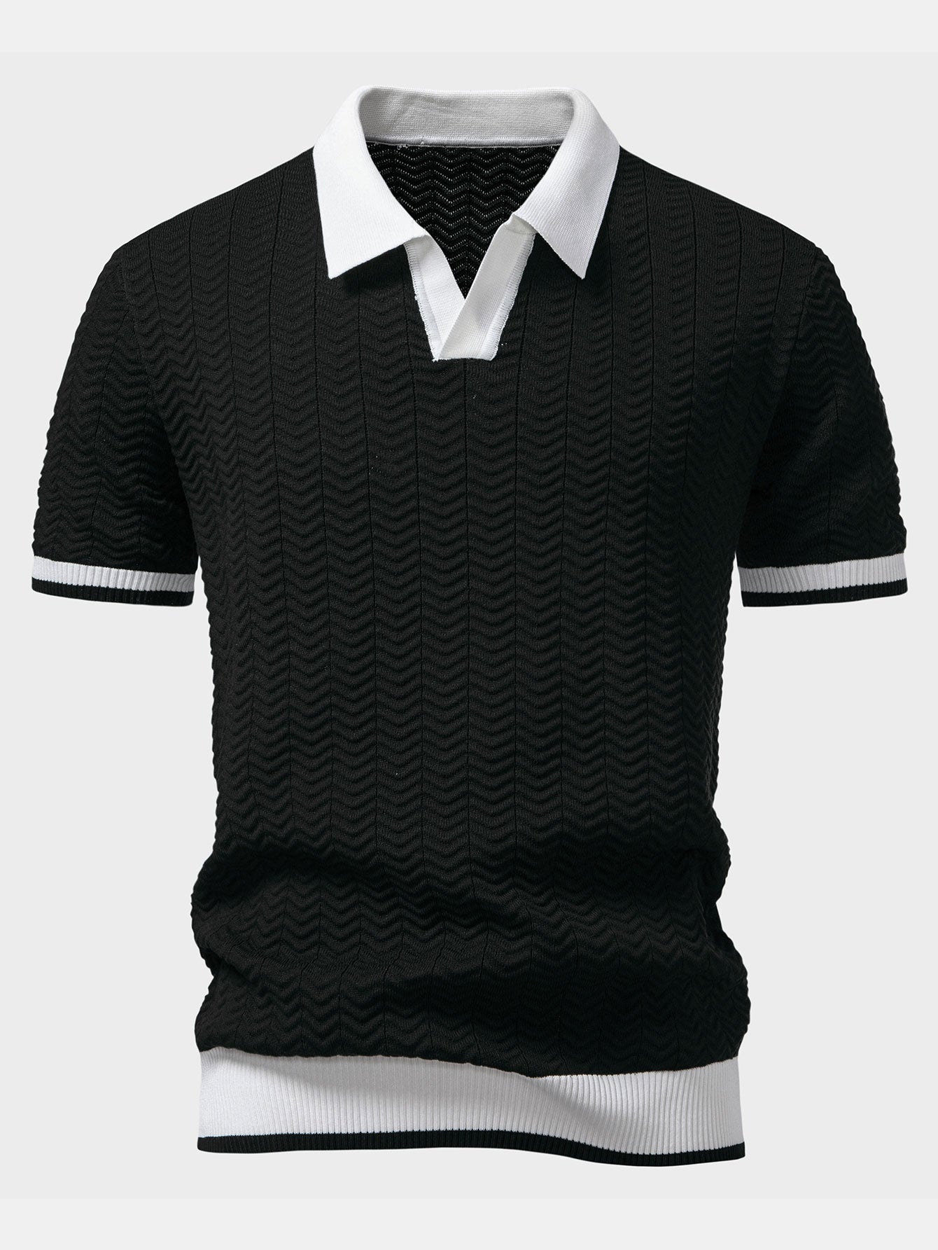 Textured Contrast V-Neck Knit Polo