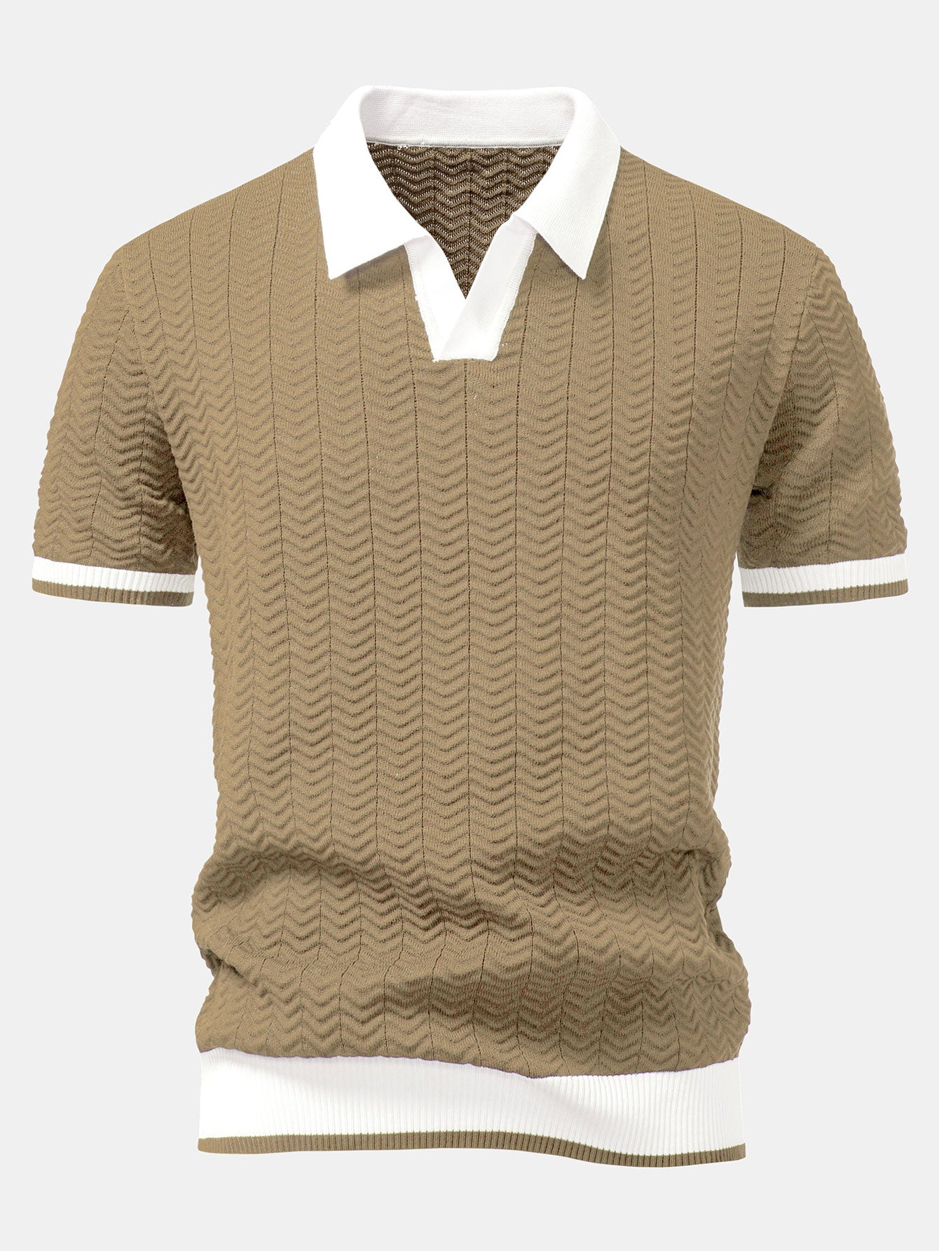 Textured Contrast V-Neck Knit Polo