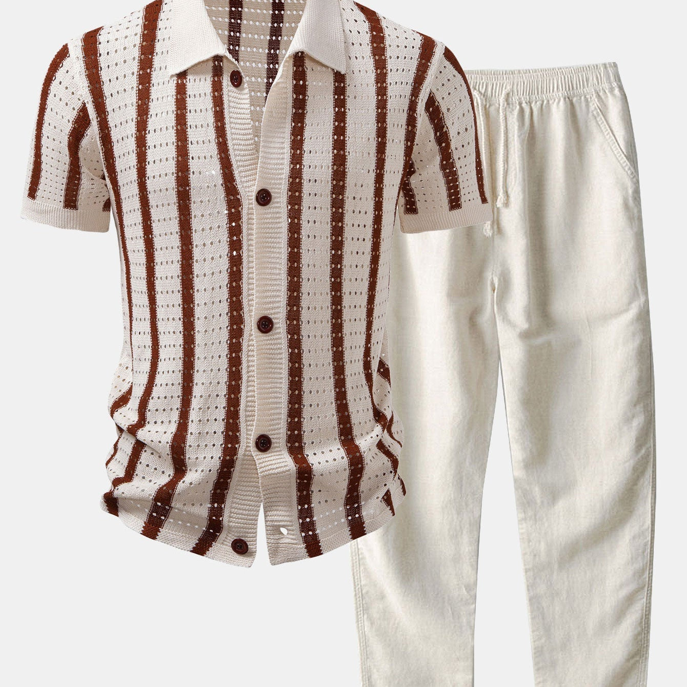 Striped Shirt Featuring Knitted Eyelets & Straight-Leg Linen Trousers
