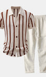 Striped Shirt Featuring Knitted Eyelets & Straight-Leg Linen Trousers