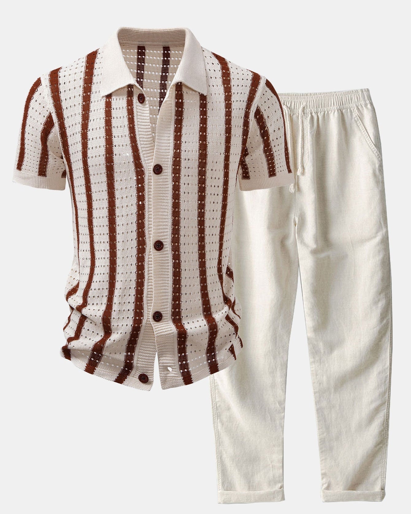 Striped Shirt Featuring Knitted Eyelets & Straight-Leg Linen Trousers