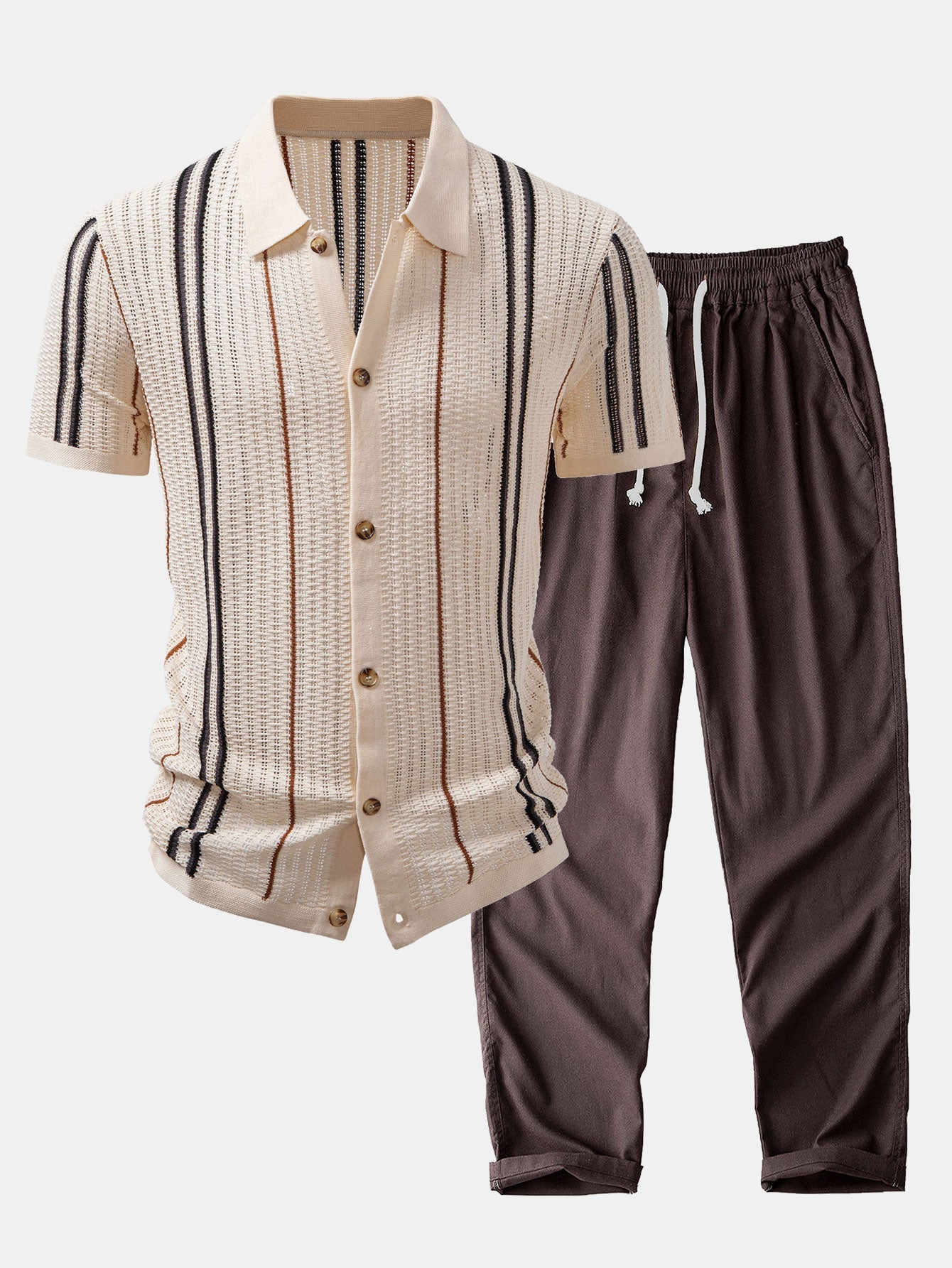 Striped Crochet Button-Up Shirt with Straight-Leg Linen Trousers
