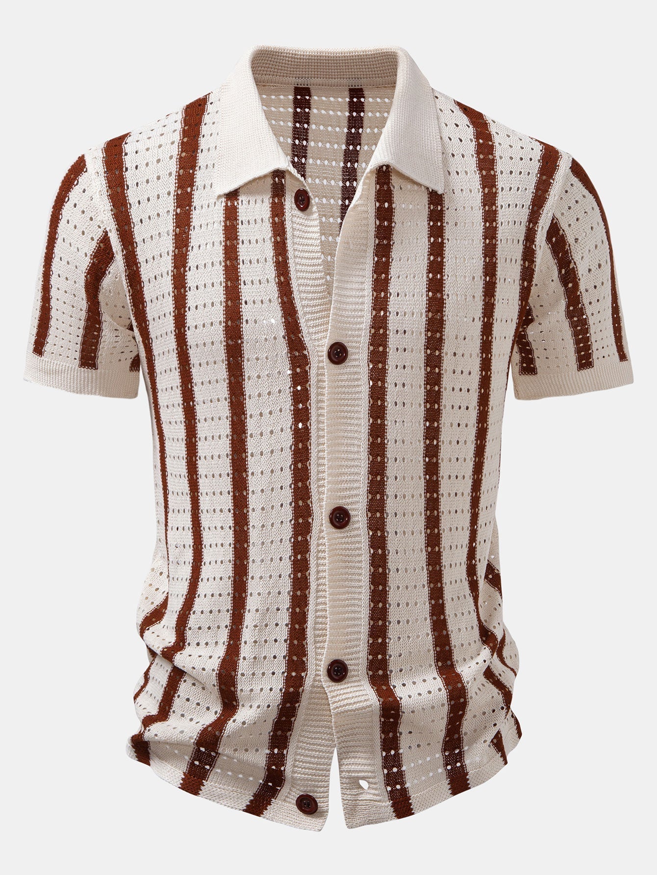 Striped Shirt Featuring Knitted Eyelets & Straight-Leg Linen Trousers