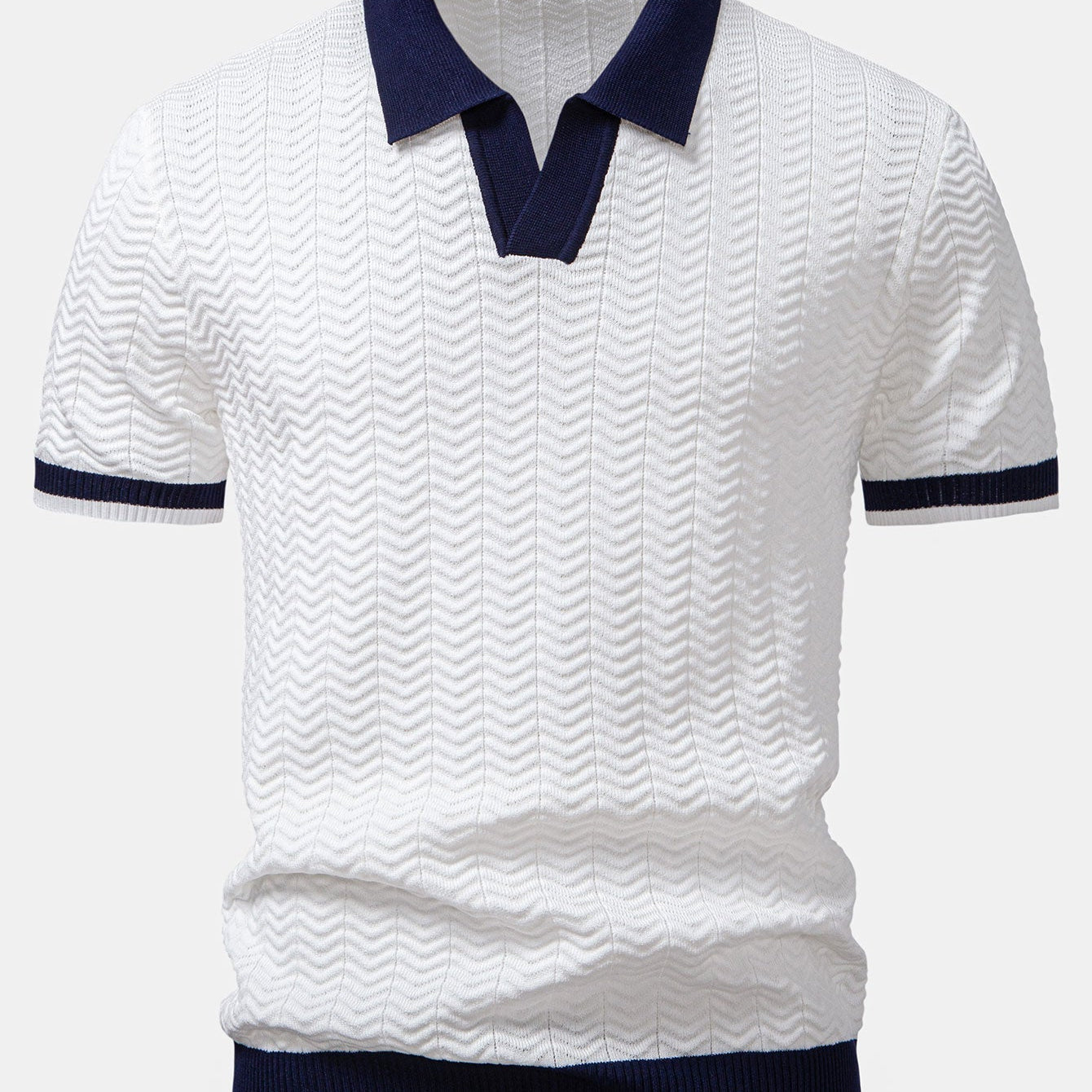 Textured Contrast V-Neck Knit Polo