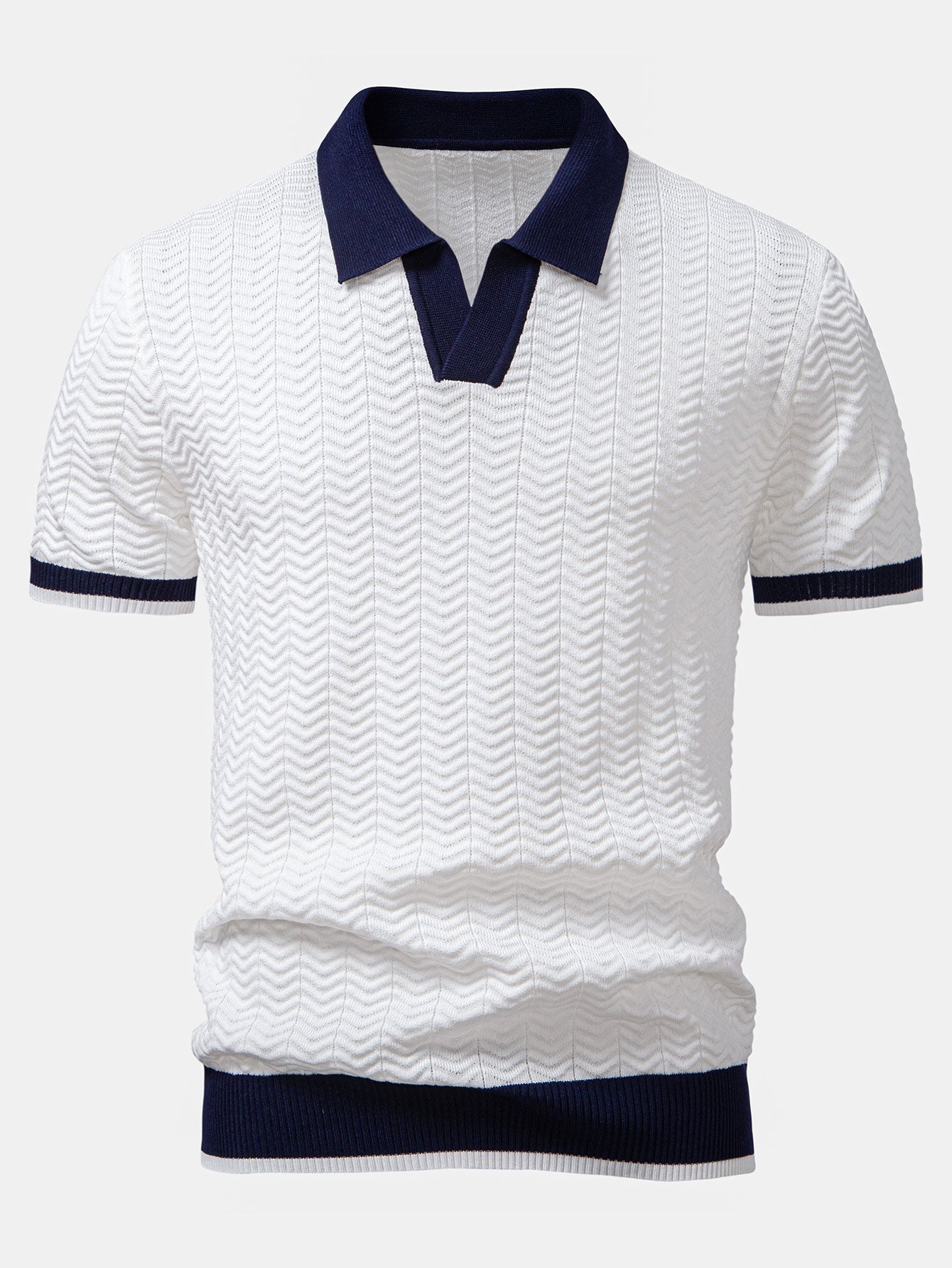 Textured Contrast V-Neck Knit Polo