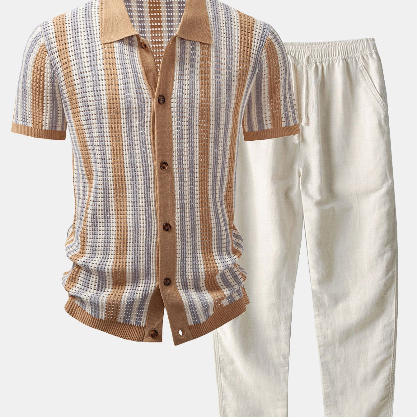 Striped Shirt with Crochet Eyelets and Straight-Leg Linen Pants