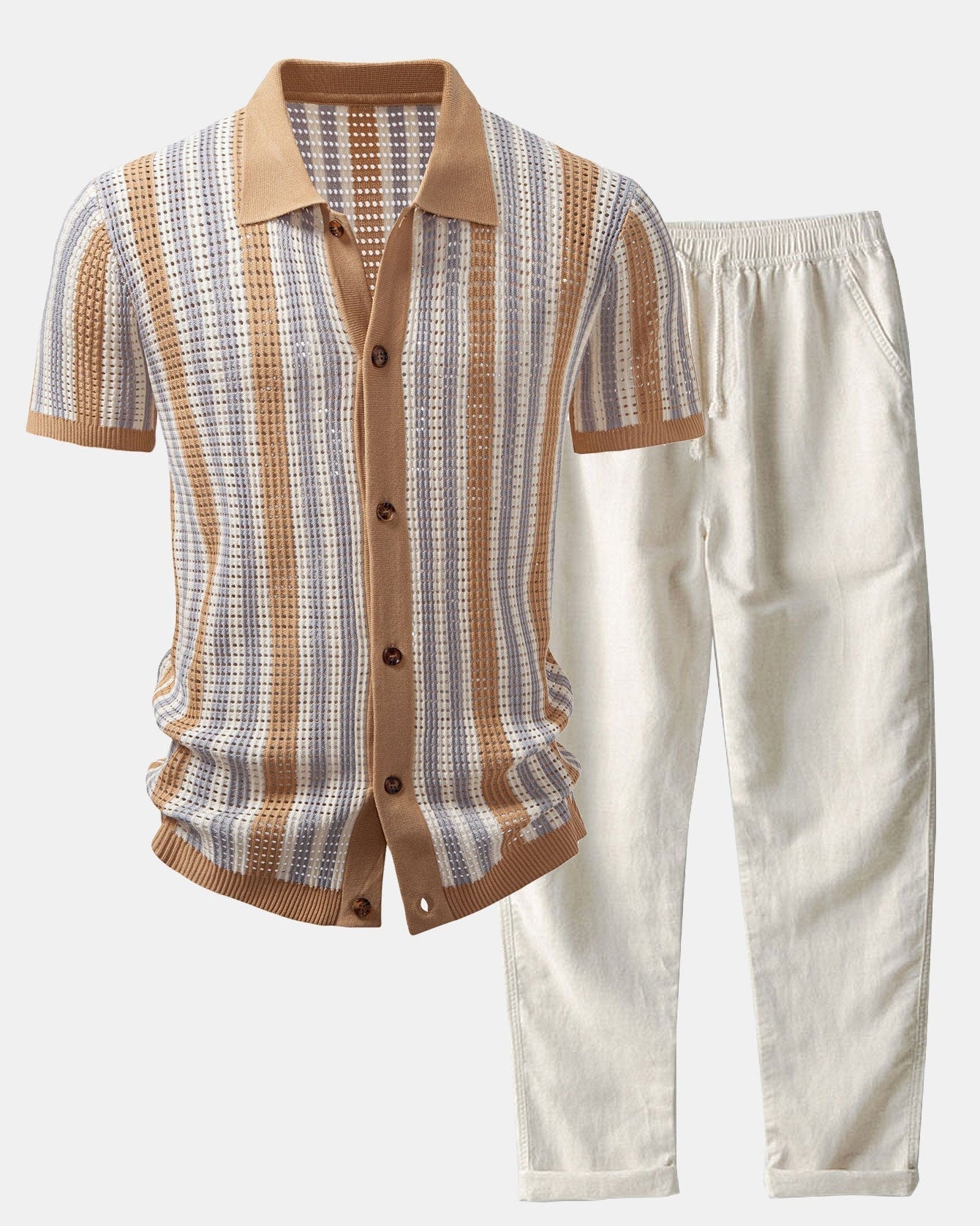 Striped Shirt with Crochet Eyelets and Straight-Leg Linen Pants