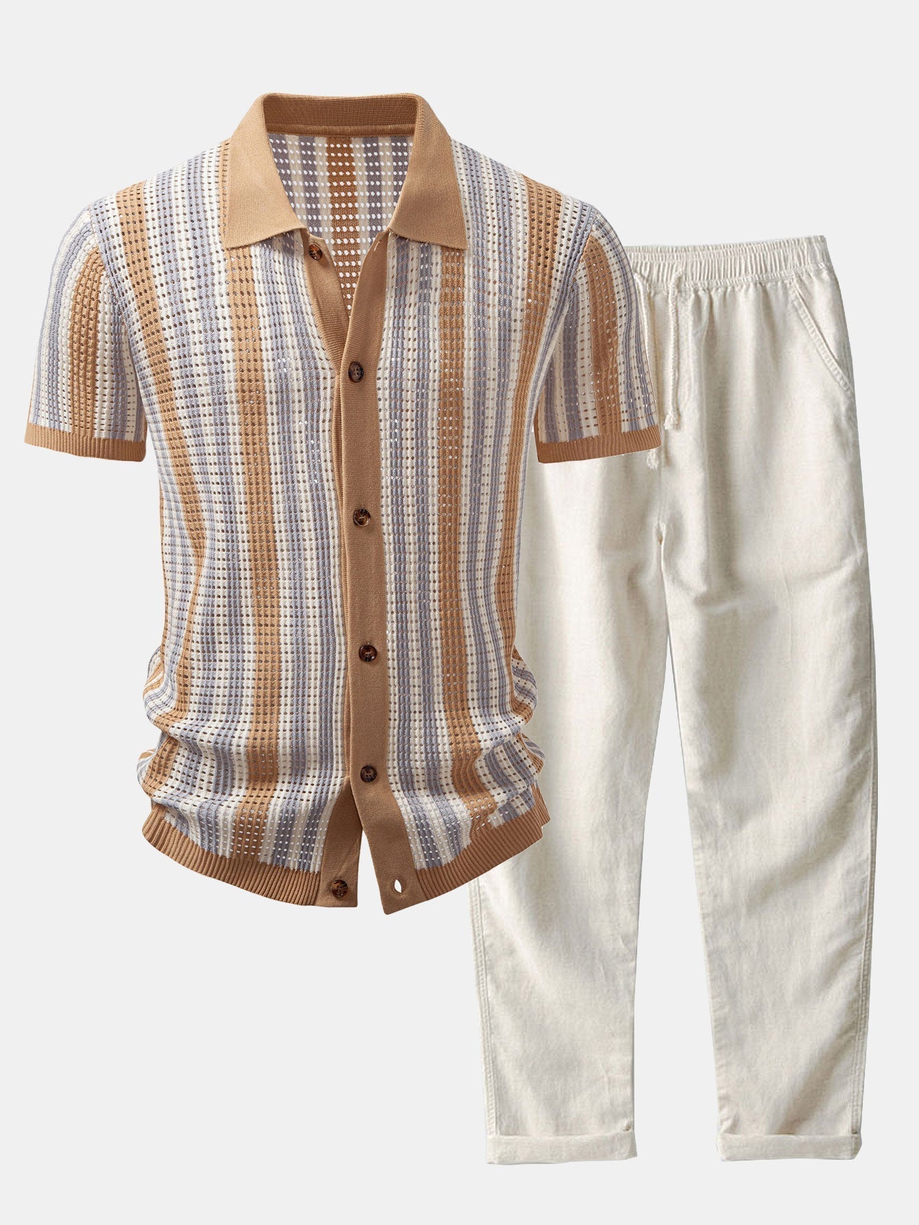 Striped Shirt with Crochet Eyelets and Straight-Leg Linen Pants