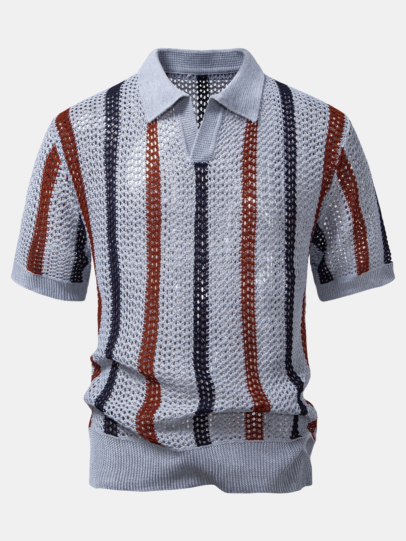 Striped V-Neck Crochet Polo