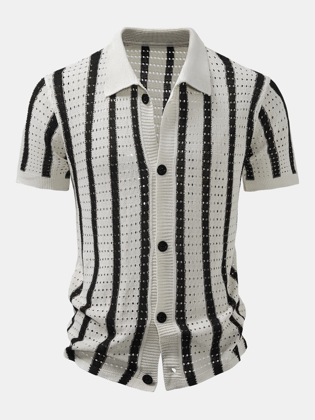 Striped Shirt Featuring Knitted Eyelets & Straight-Leg Linen Trousers