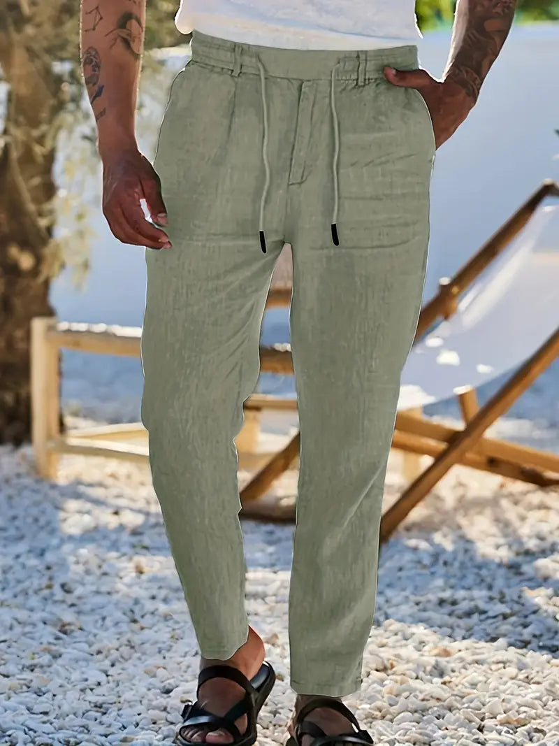 NICHOLS | CORD-TRIMMED WIDE LINEN PANTS