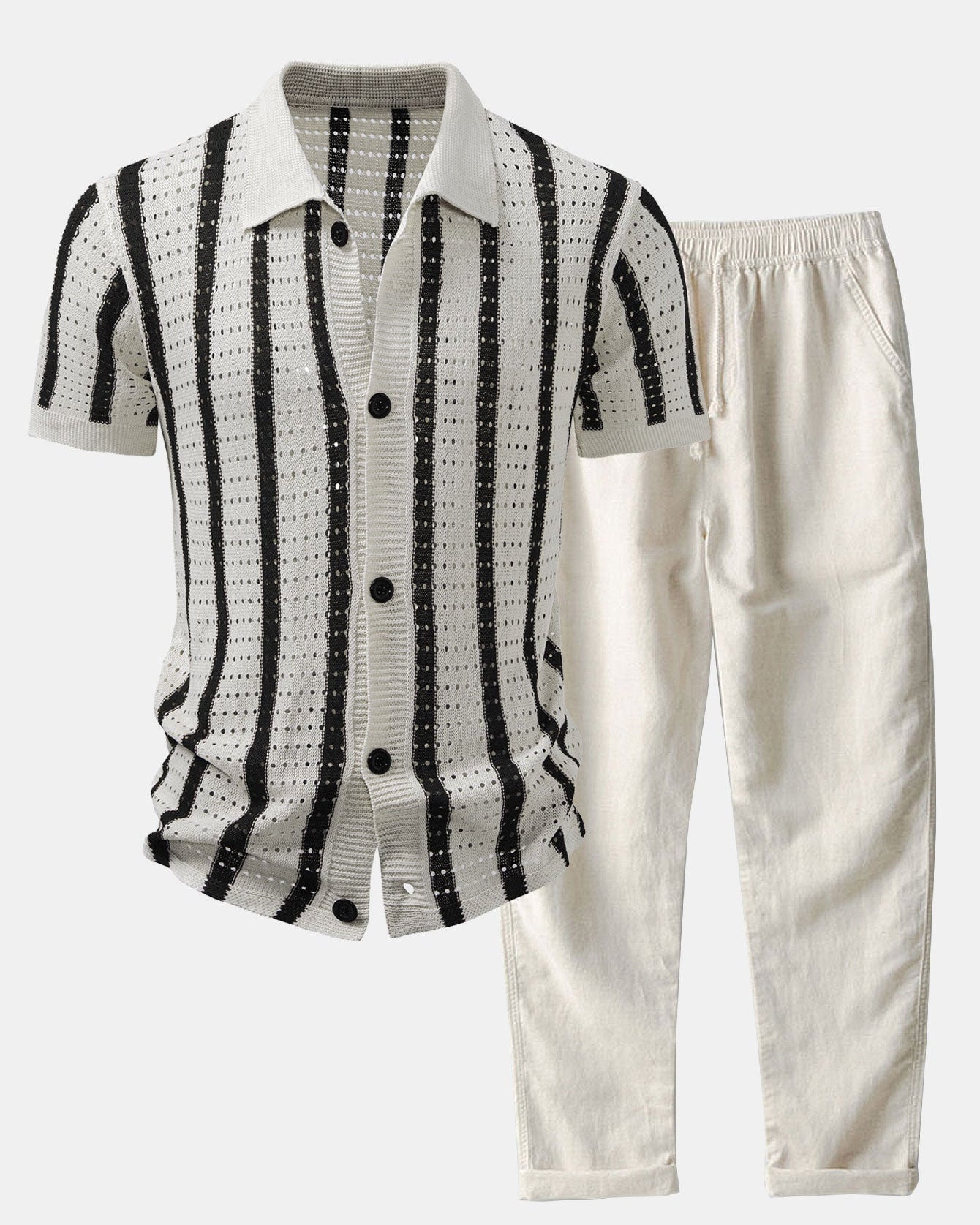 Striped Shirt Featuring Knitted Eyelets & Straight-Leg Linen Trousers
