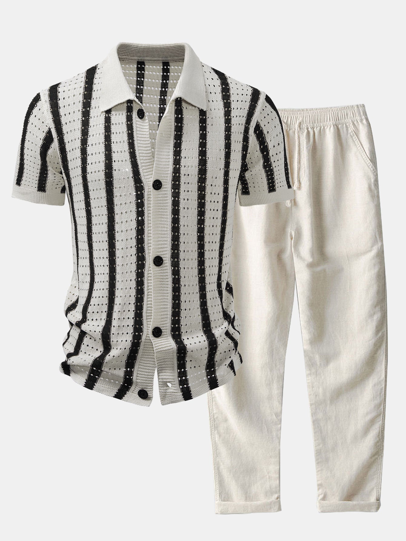 Striped Shirt Featuring Knitted Eyelets & Straight-Leg Linen Trousers