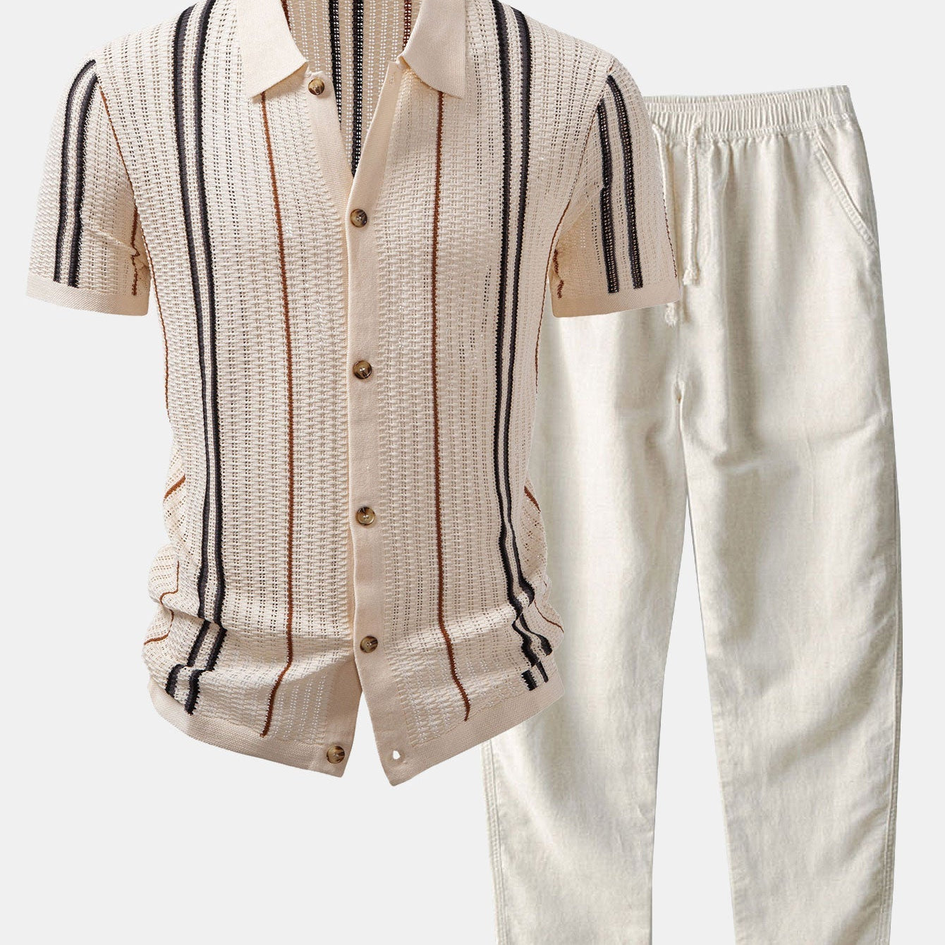Striped Crochet Button-Up Shirt with Straight-Leg Linen Trousers
