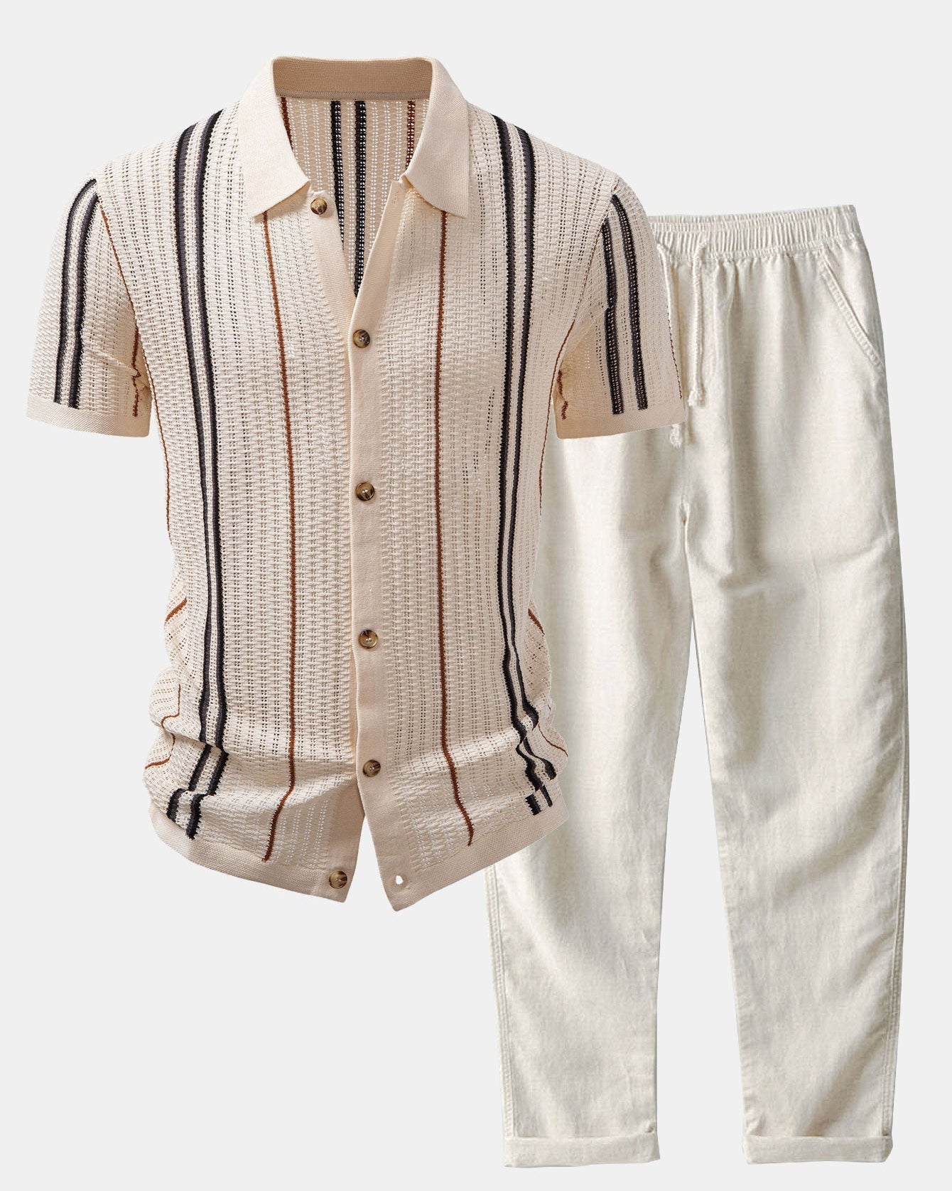 Striped Crochet Button-Up Shirt with Straight-Leg Linen Trousers