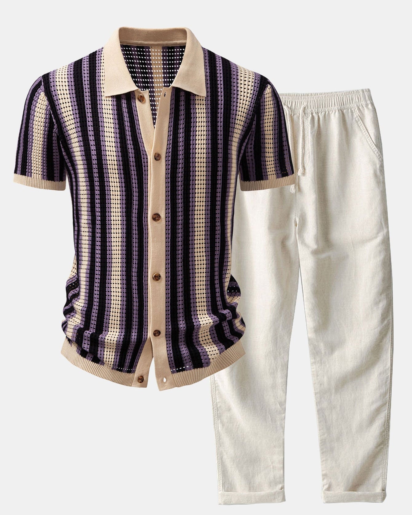 Striped Shirt with Crochet Eyelets and Straight-Leg Linen Pants