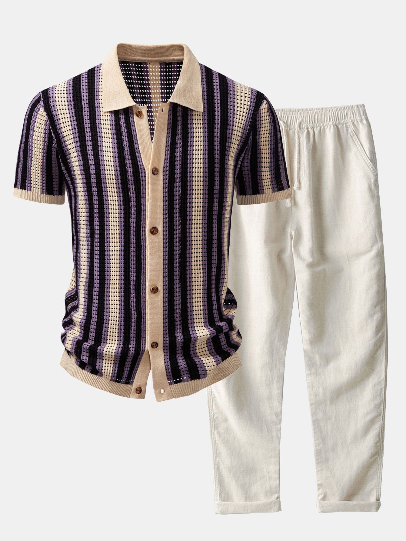 Striped Shirt with Crochet Eyelets and Straight-Leg Linen Pants
