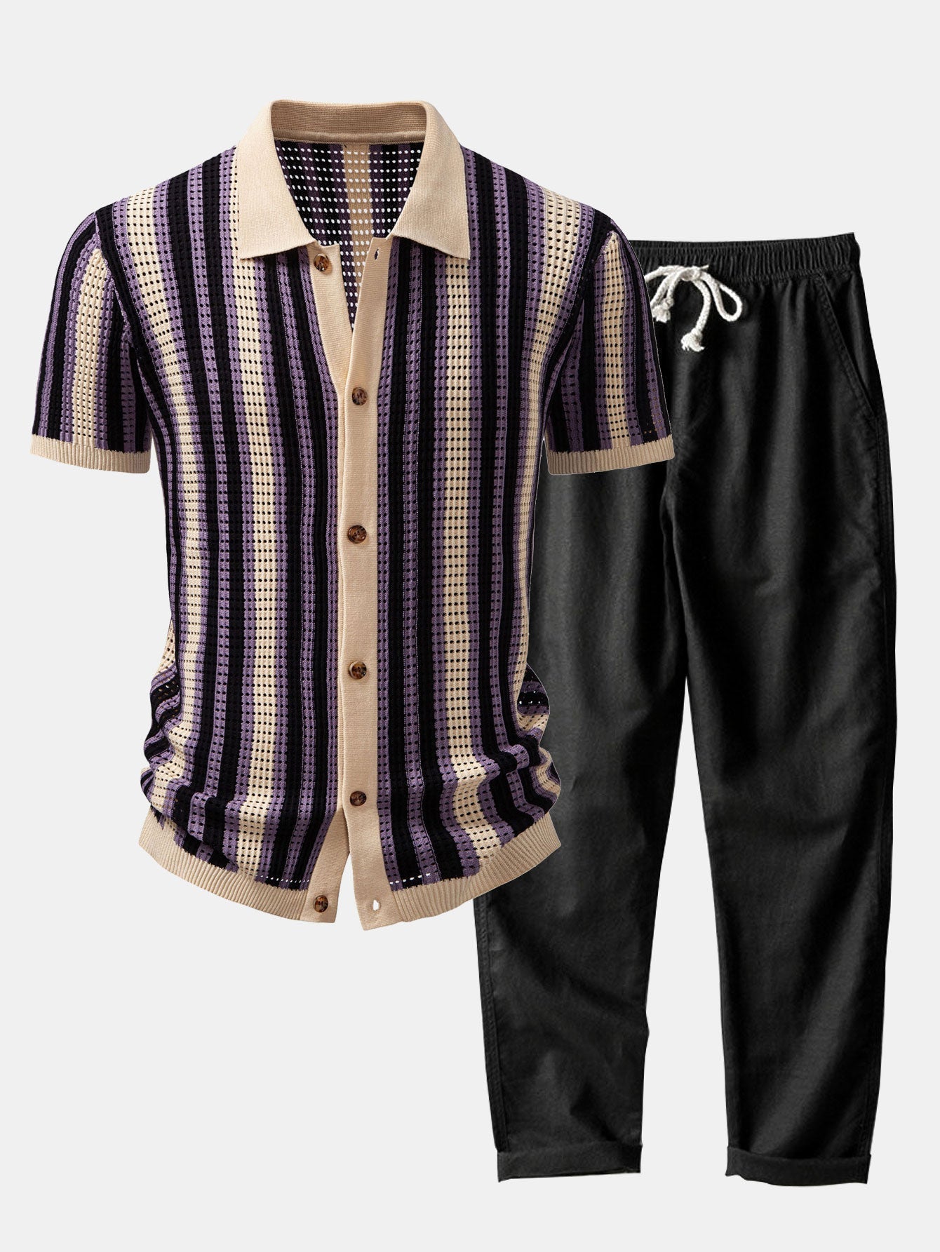Striped Shirt with Crochet Eyelets and Straight-Leg Linen Pants
