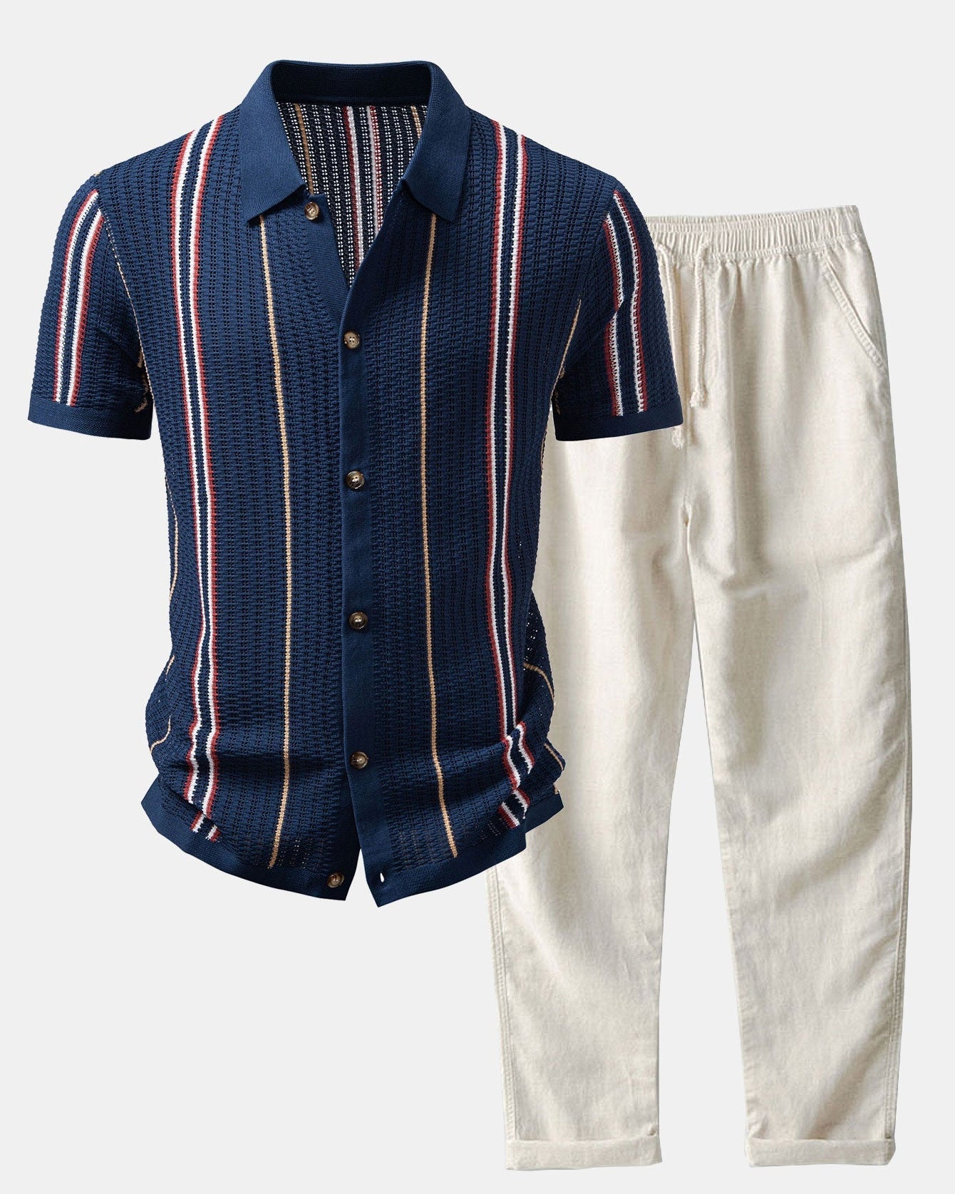 Striped Crochet Button-Up Shirt with Straight-Leg Linen Trousers