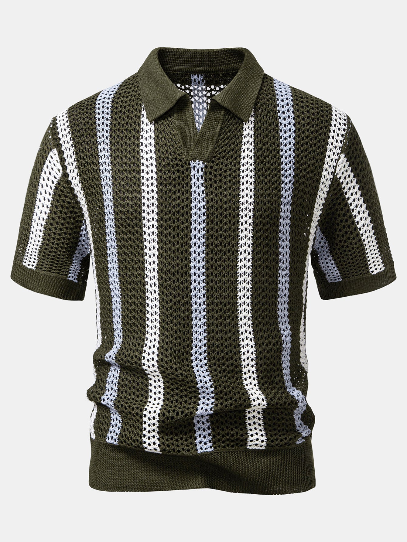 Striped V-Neck Crochet Polo