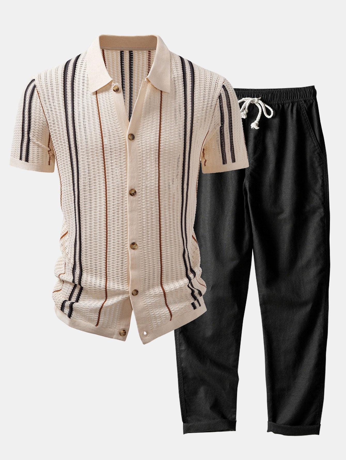 Striped Crochet Button-Up Shirt with Straight-Leg Linen Trousers