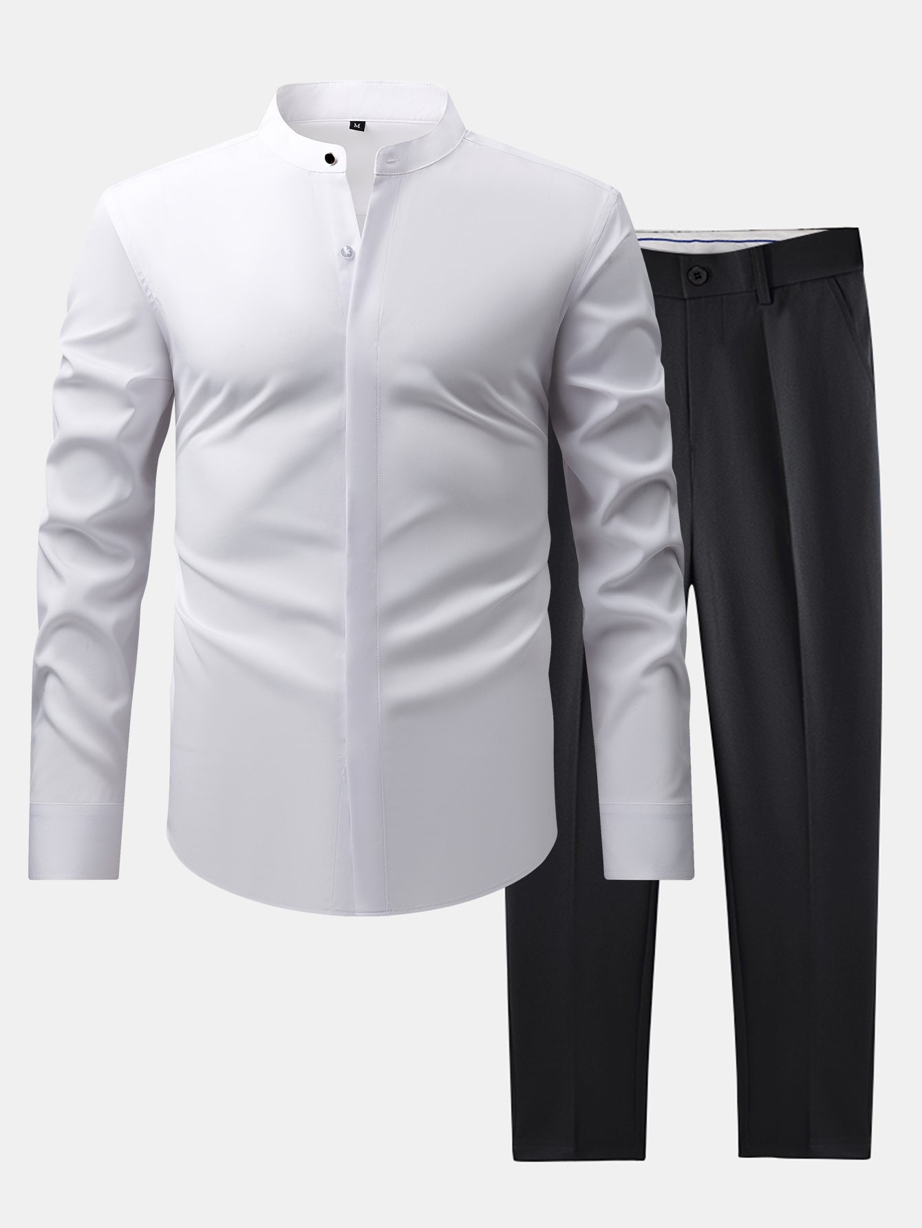 Chic High Collar Shirt with Flared Leg Slim Fit Trousers