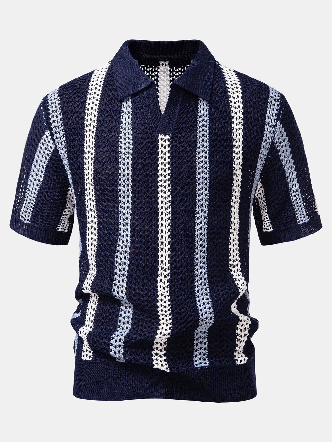 Striped V-Neck Crochet Polo