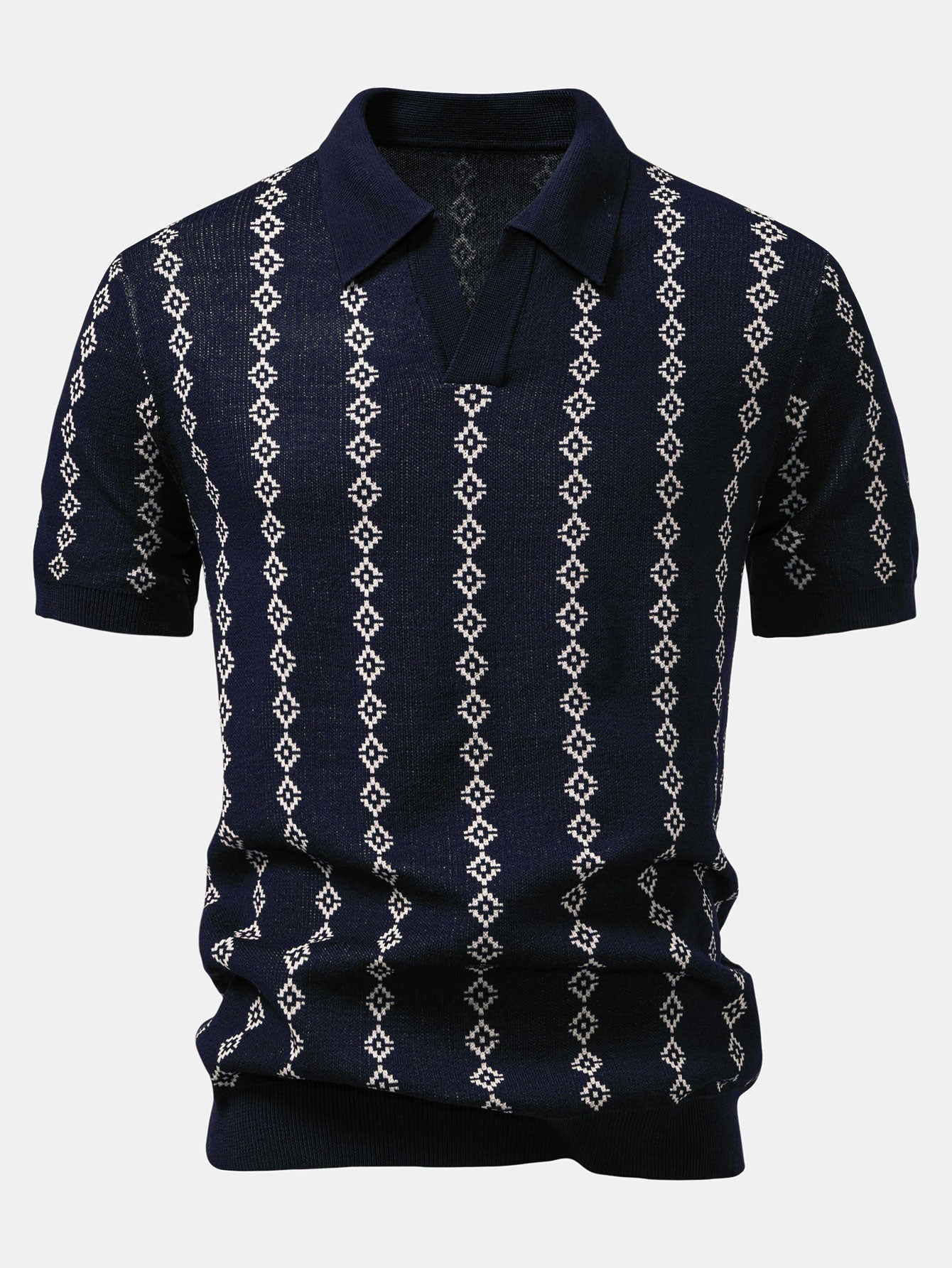 V-Neck Geometric Knit Polo