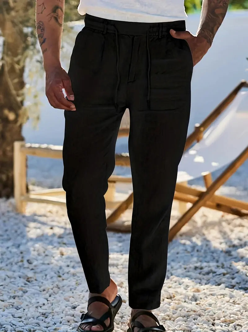 NICHOLS | CORD-TRIMMED WIDE LINEN PANTS
