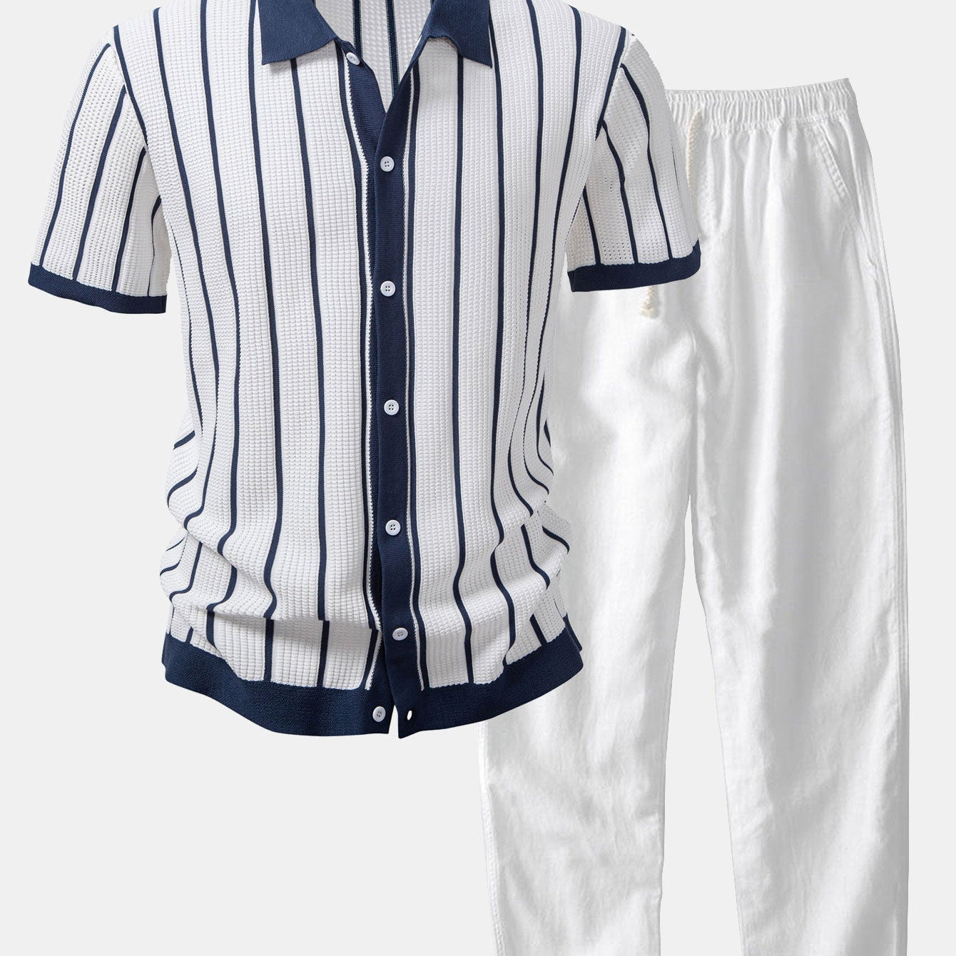 Striped Knit Button-Up Shirt & Straight-Leg Linen Trousers
