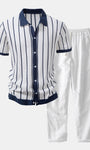 Striped Knit Button-Up Shirt & Straight-Leg Linen Trousers