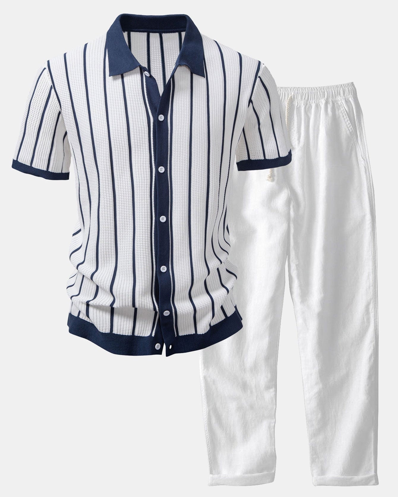 Striped Knit Button-Up Shirt & Straight-Leg Linen Trousers