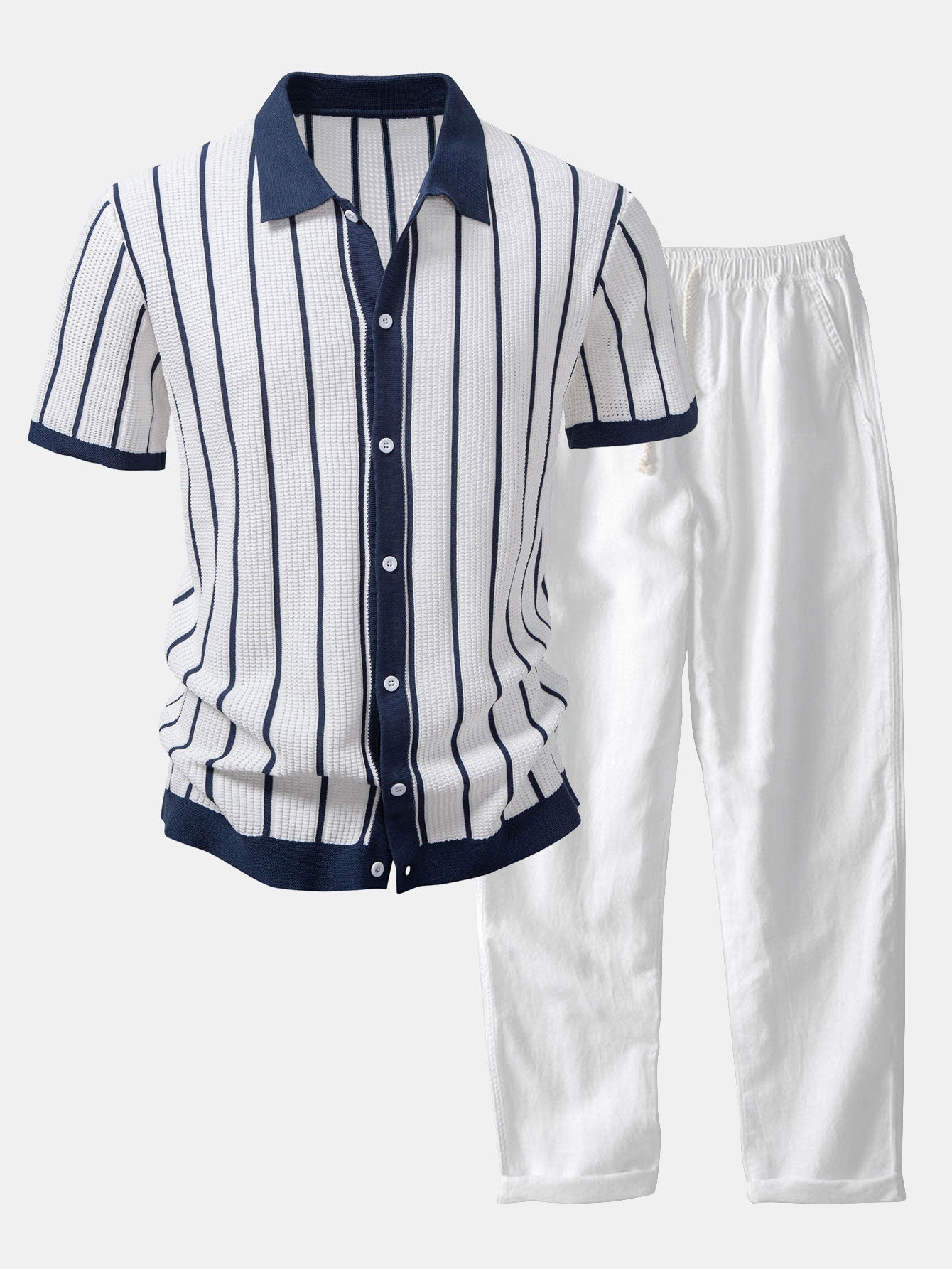 Striped Knit Button-Up Shirt & Straight-Leg Linen Trousers