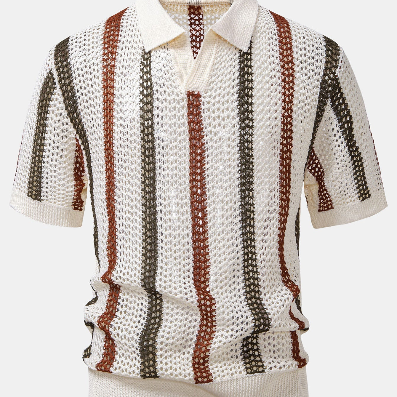 Striped V-Neck Crochet Polo
