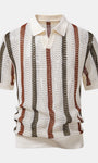 Striped V-Neck Crochet Polo