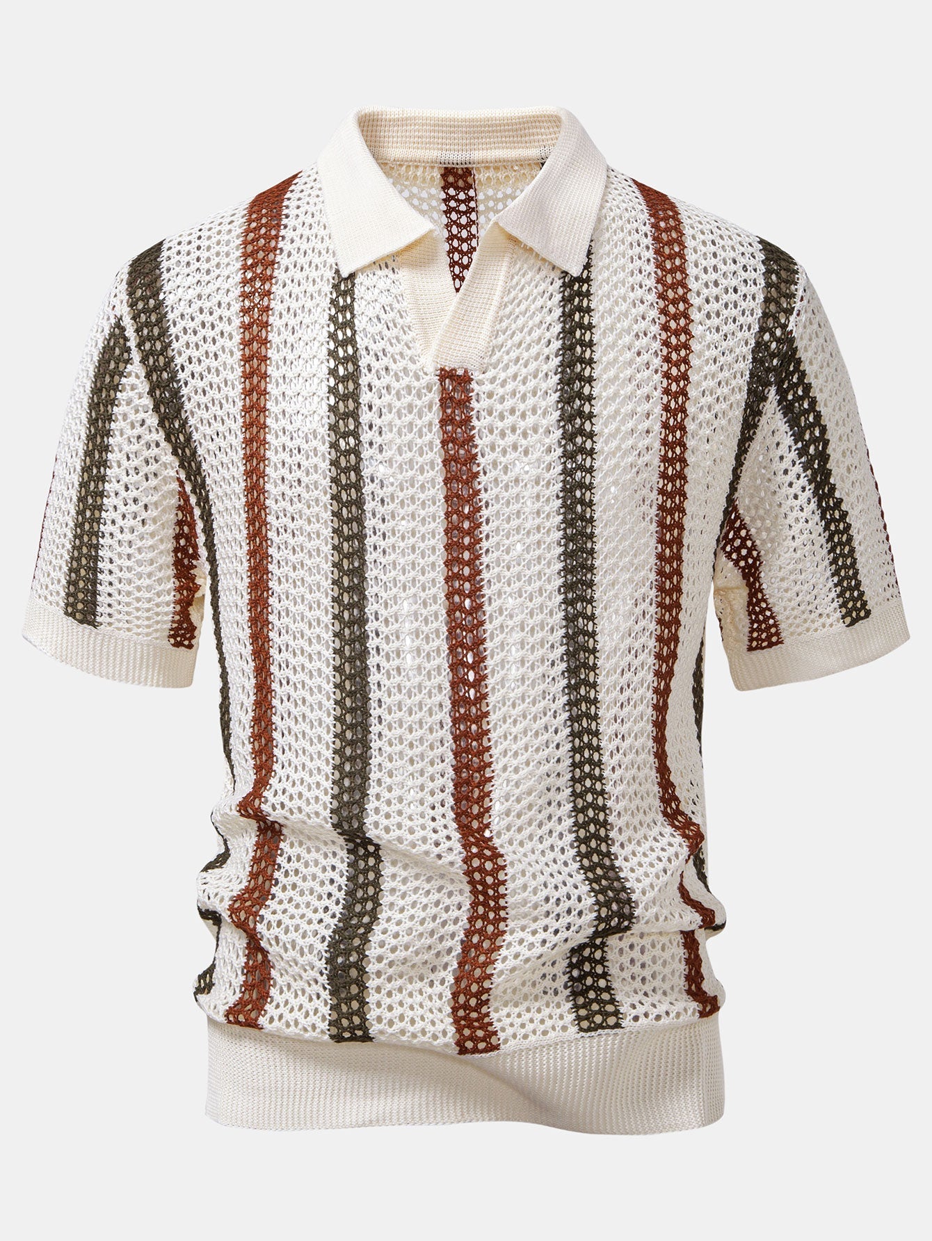 Striped V-Neck Crochet Polo