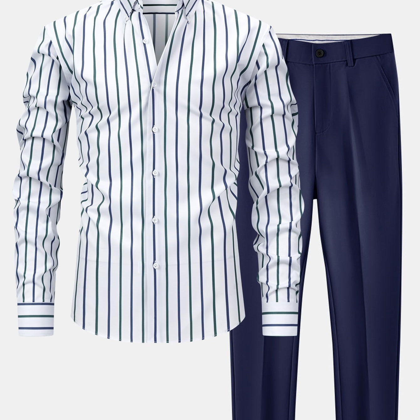 Button-Up Long Sleeve Striped Shirt with Slim Fit Flared Pants