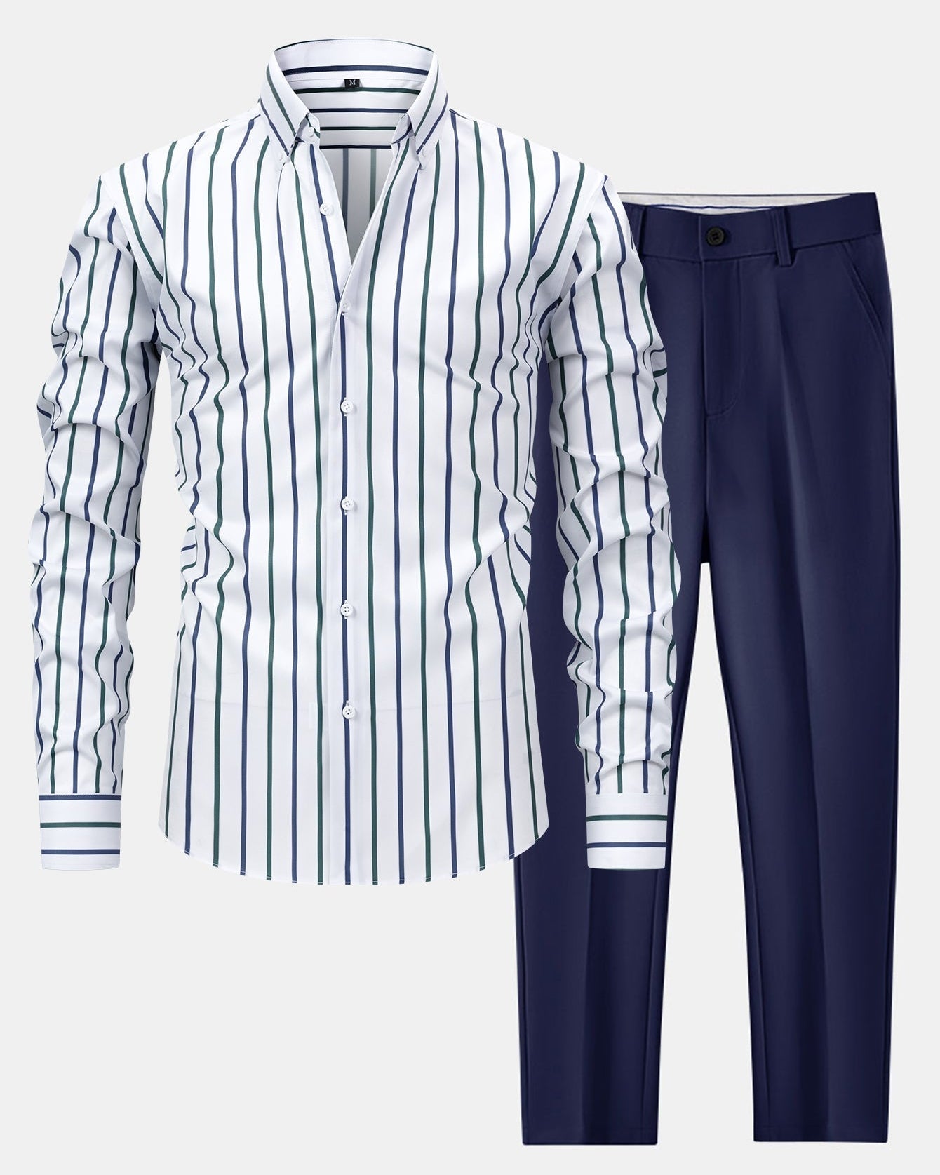 Button-Up Long Sleeve Striped Shirt with Slim Fit Flared Pants