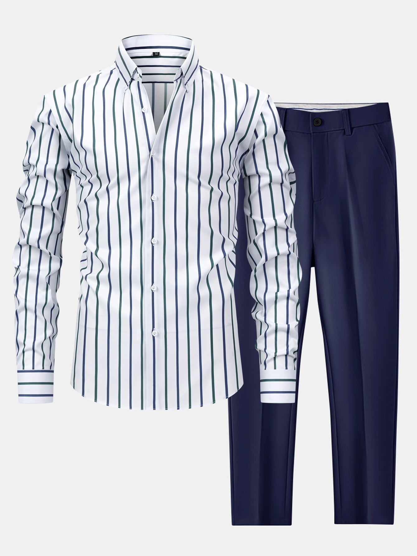 Button-Up Long Sleeve Striped Shirt with Slim Fit Flared Pants