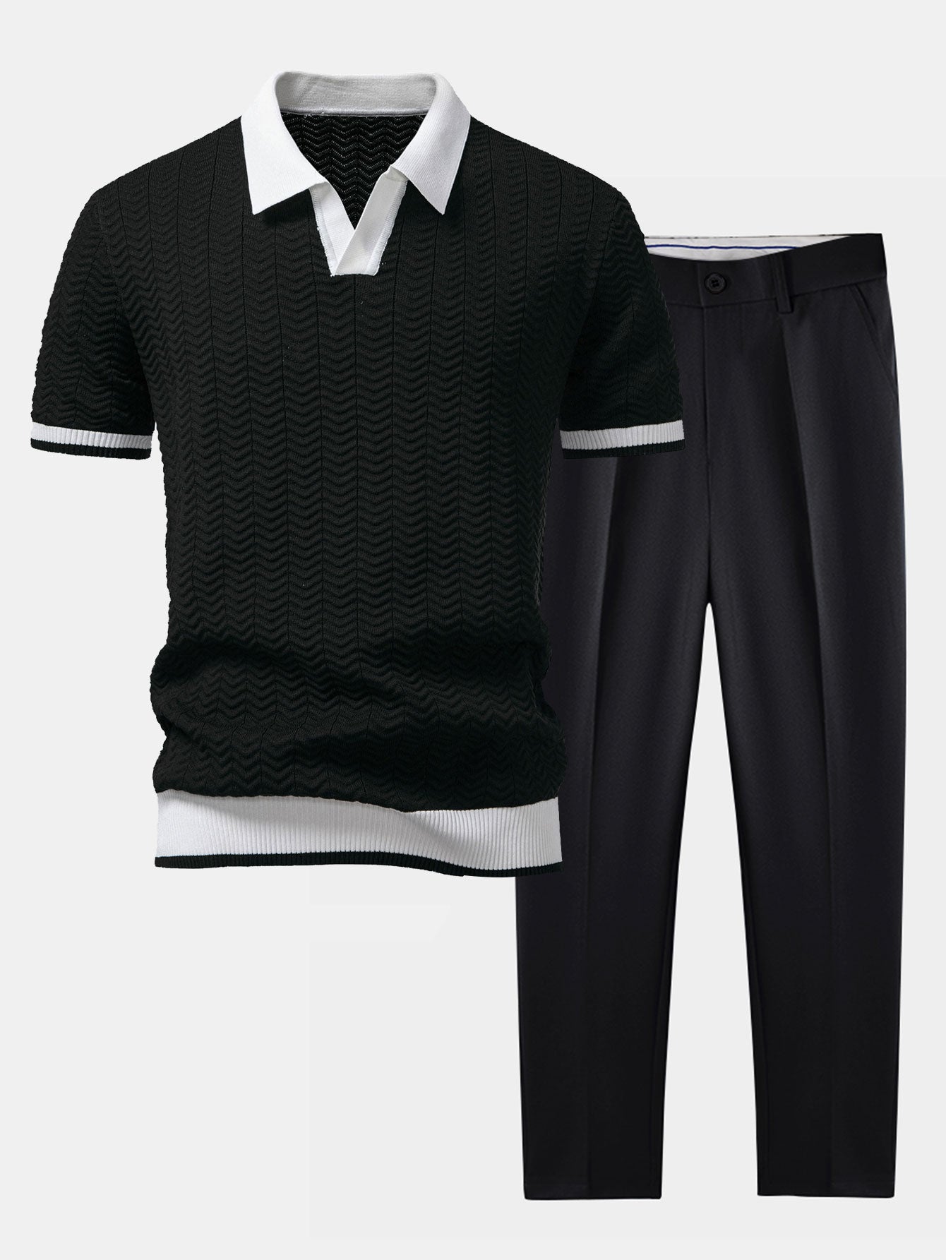 Textured Knit Polo with Slim Fit Trousers