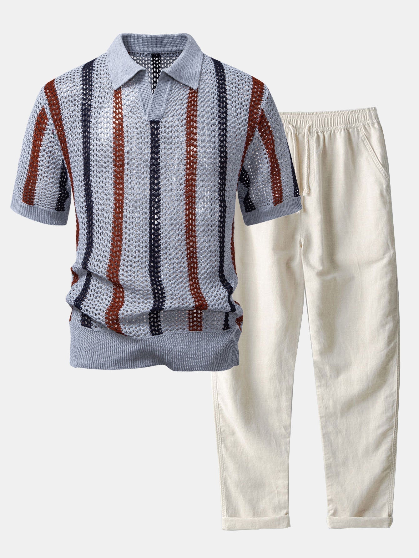 Crochet Polo and Straight-Leg Linen Trousers