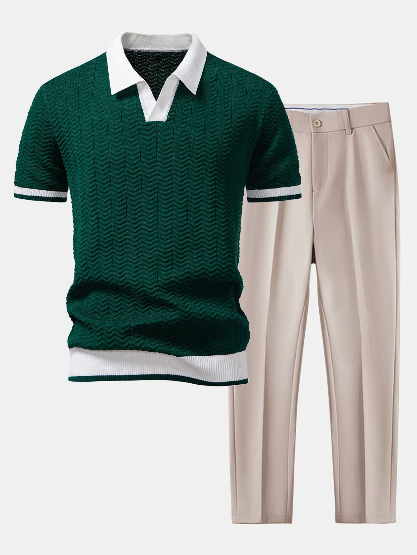 Textured Knit Polo with Slim Fit Trousers
