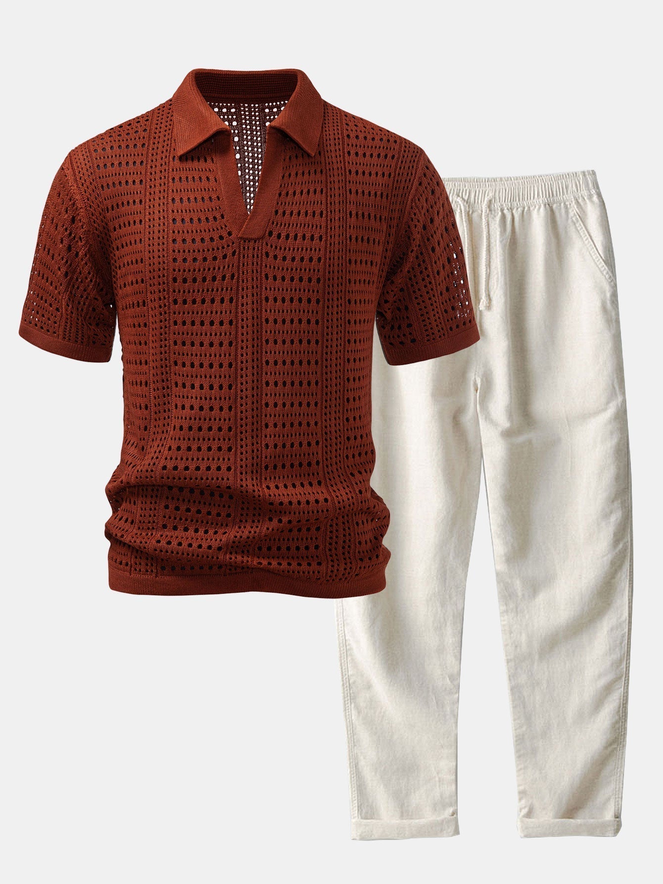 V-Neck Crochet Polo & Straight-Leg Linen Trousers