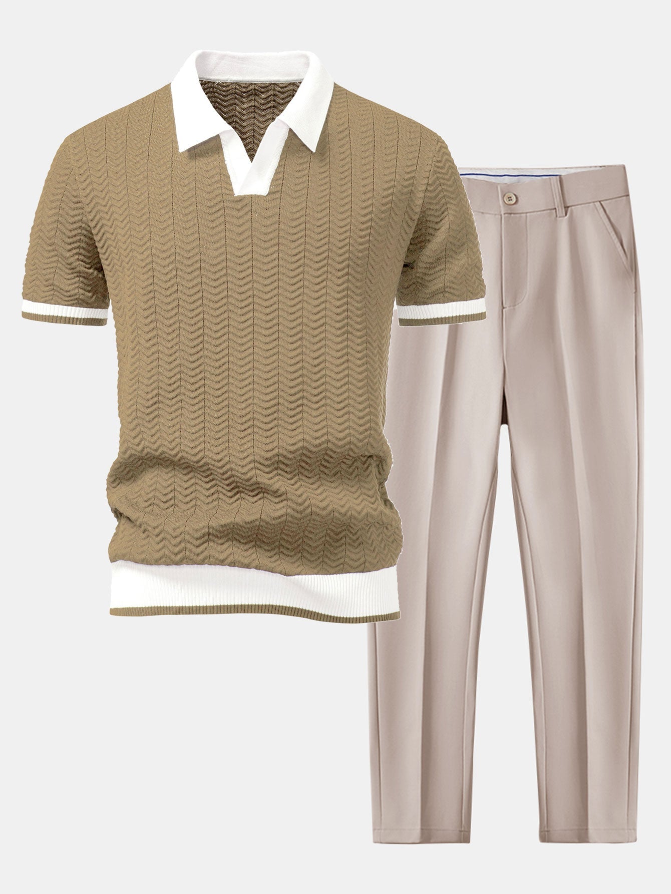 Textured Knit Polo with Slim Fit Trousers
