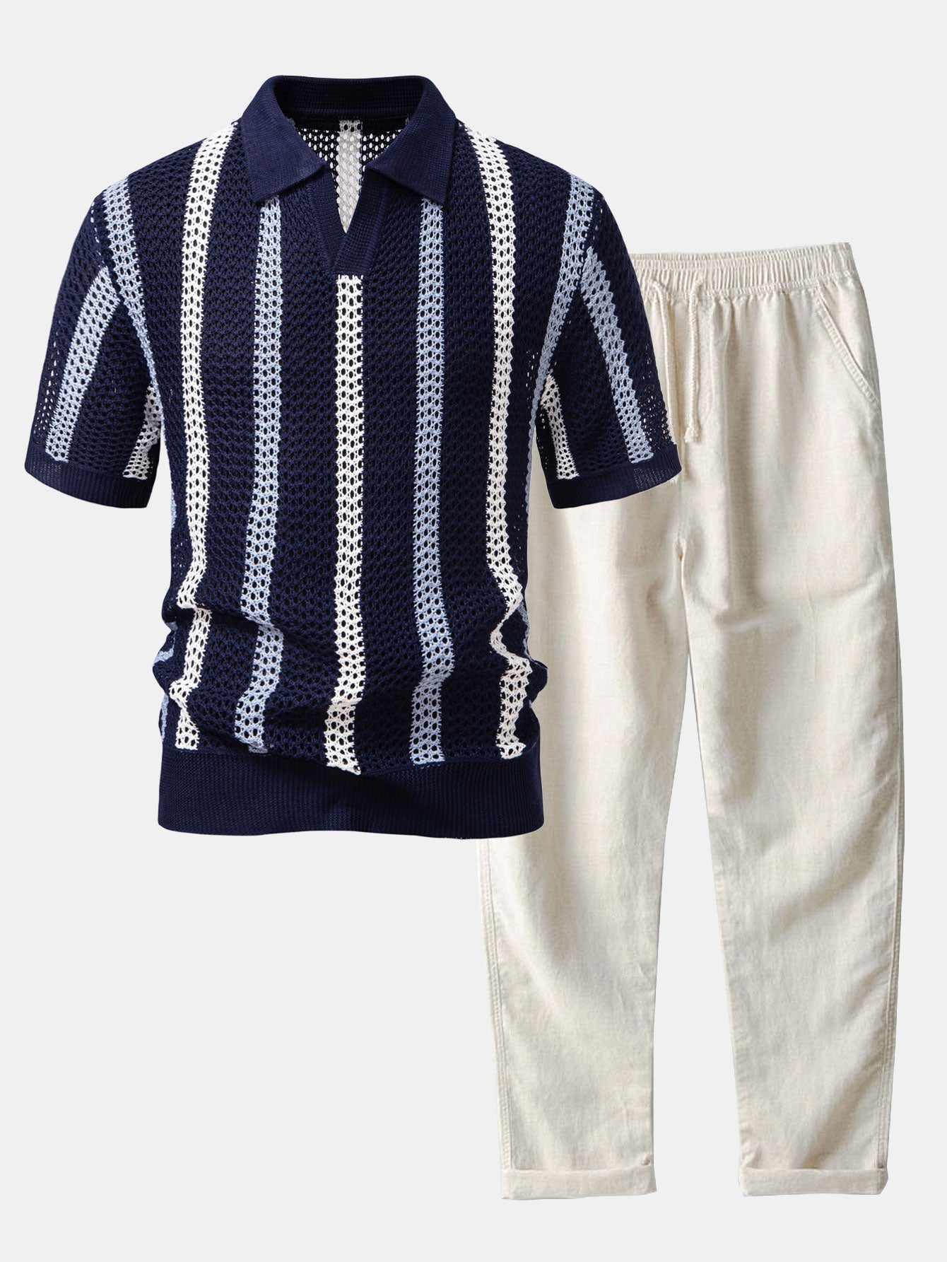 Crochet Polo and Straight-Leg Linen Trousers