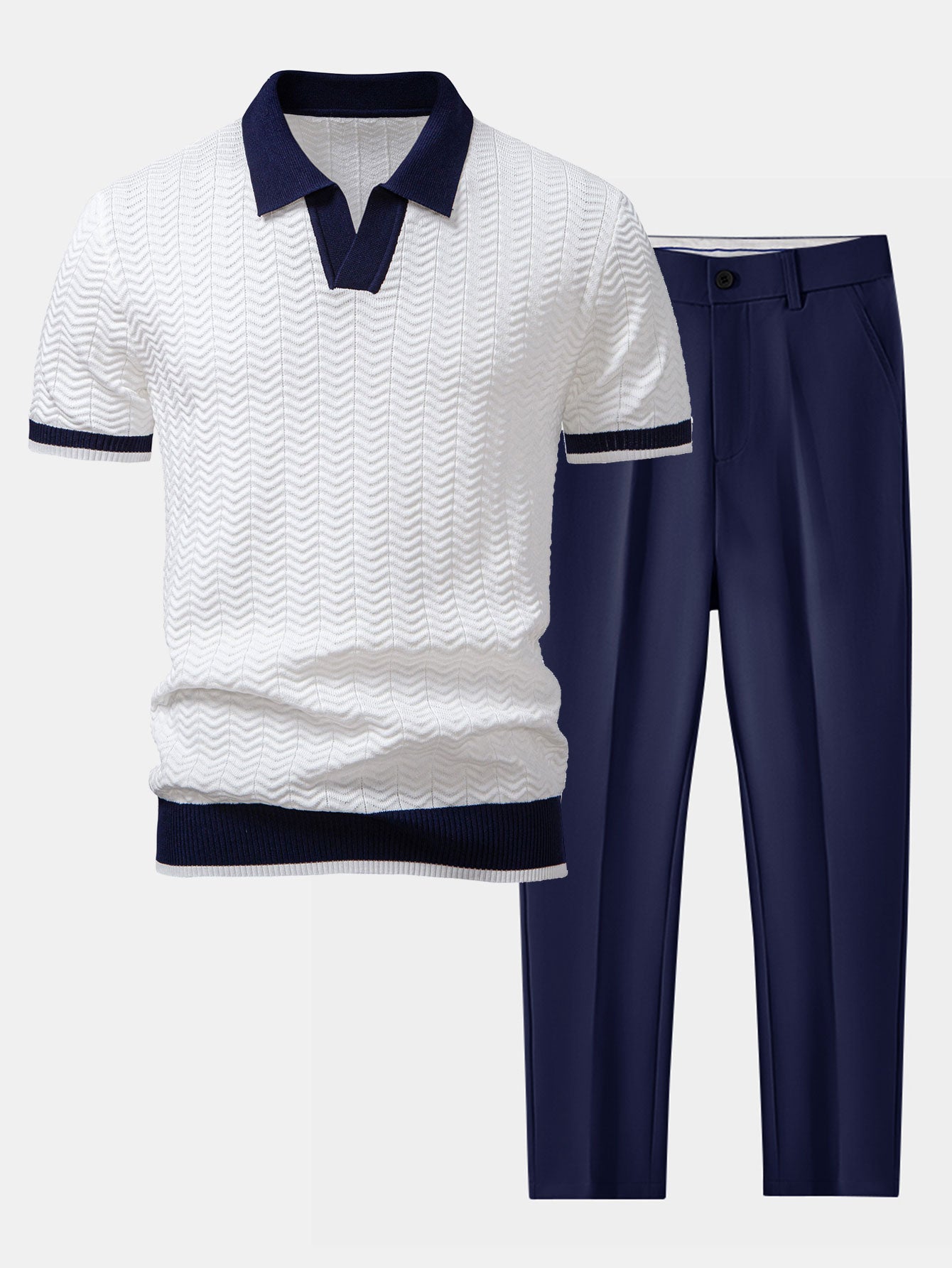 Textured Knit Polo with Slim Fit Trousers