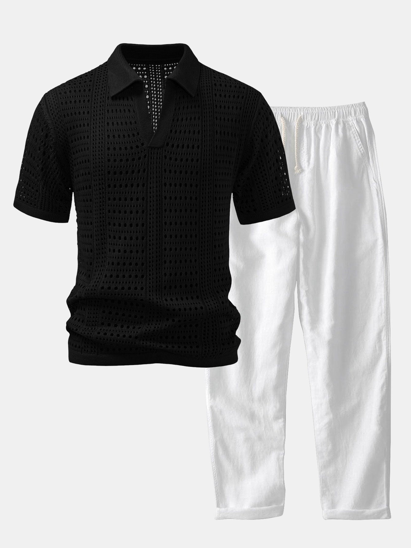 V-Neck Crochet Polo & Straight-Leg Linen Trousers