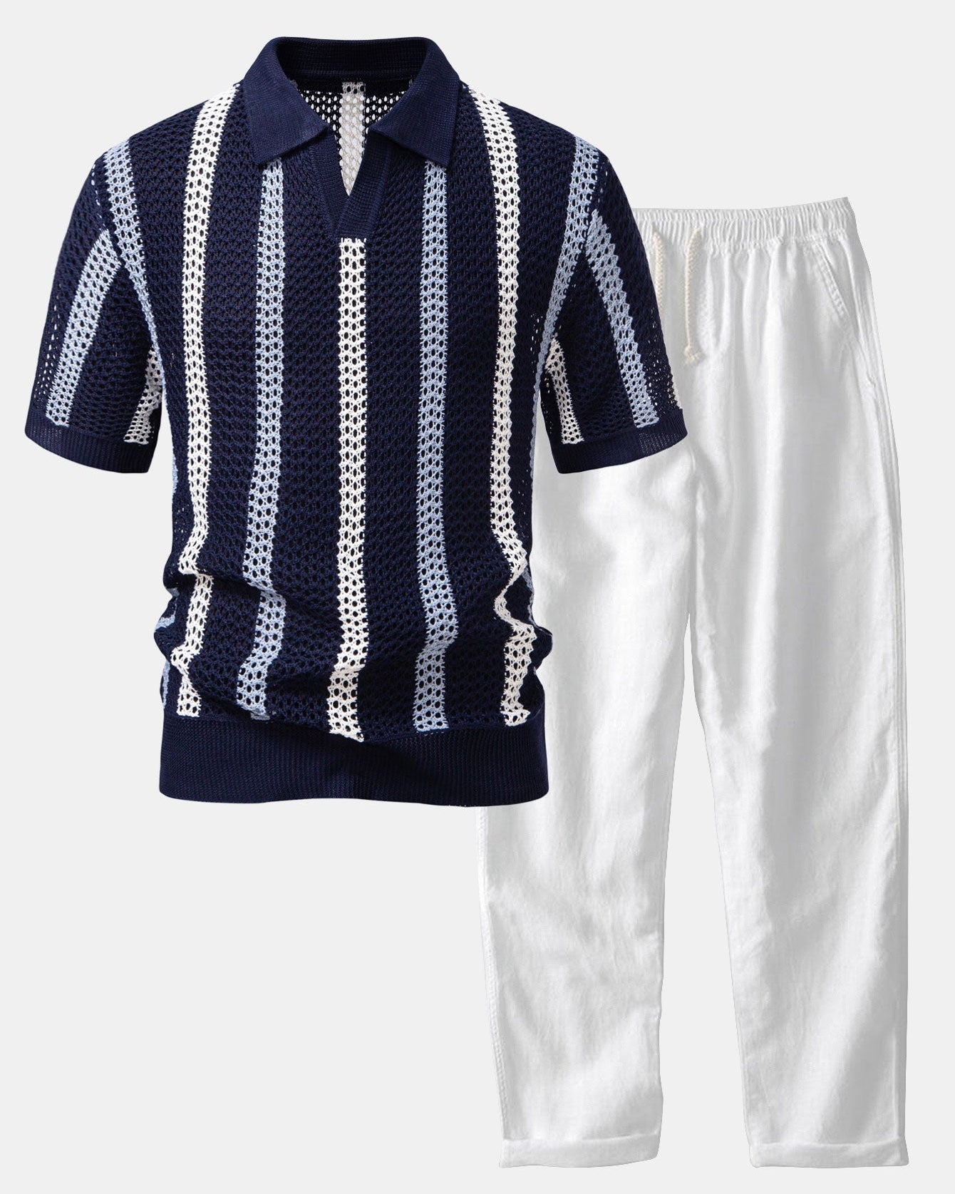 Crochet Polo and Straight-Leg Linen Trousers
