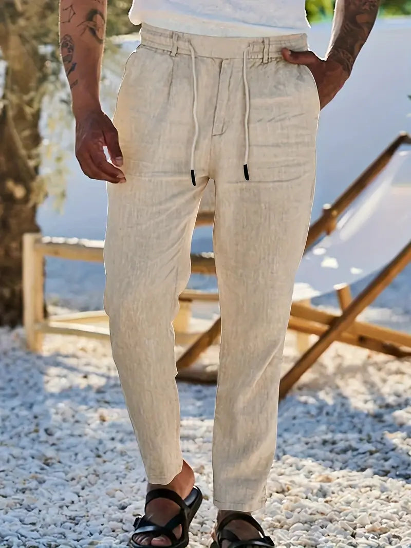 NICHOLS | CORD-TRIMMED WIDE LINEN PANTS