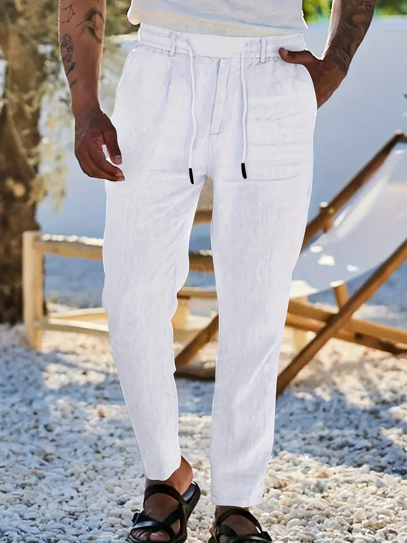 NICHOLS | CORD-TRIMMED WIDE LINEN PANTS